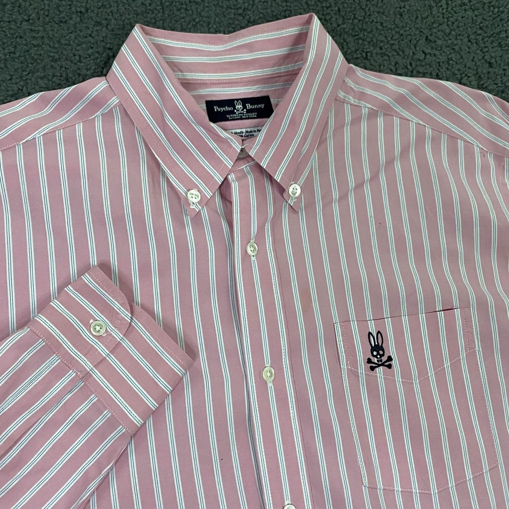 Psycho Bunny Shirt‎ Mens Large Pink Stripe Button Down OCBD Oxford Cloth Dress